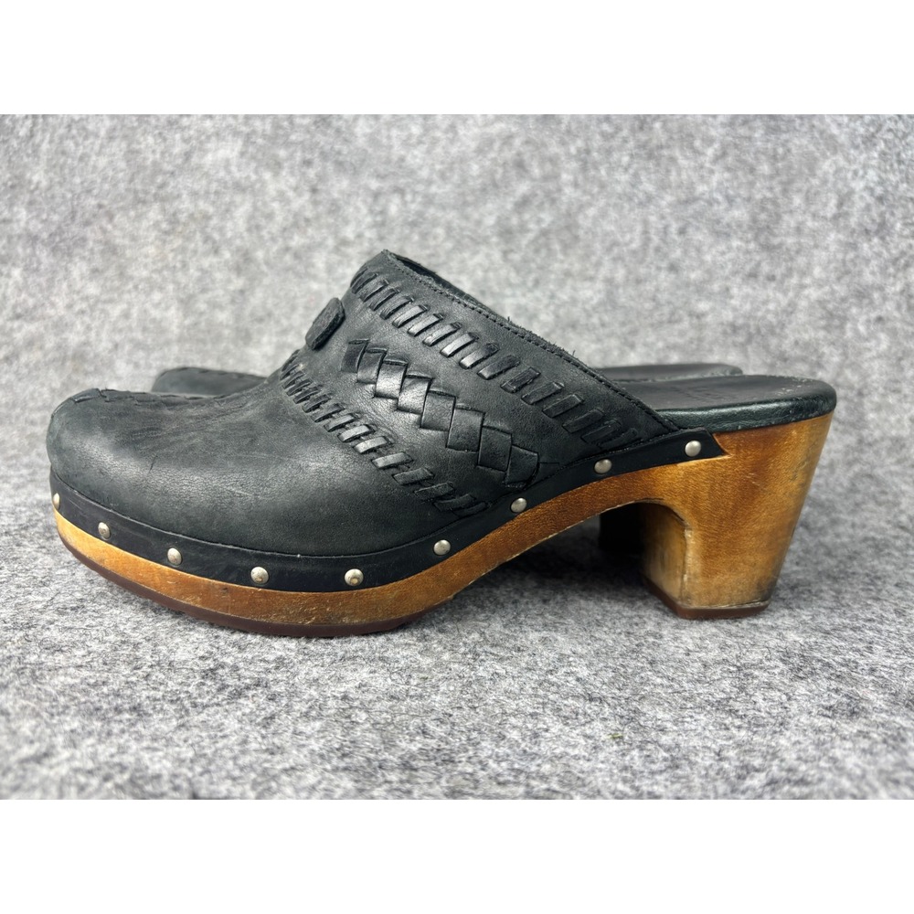 UGG Australia Clogs Women Size 8 Black Leather Woven Studded Wood Platform Mules